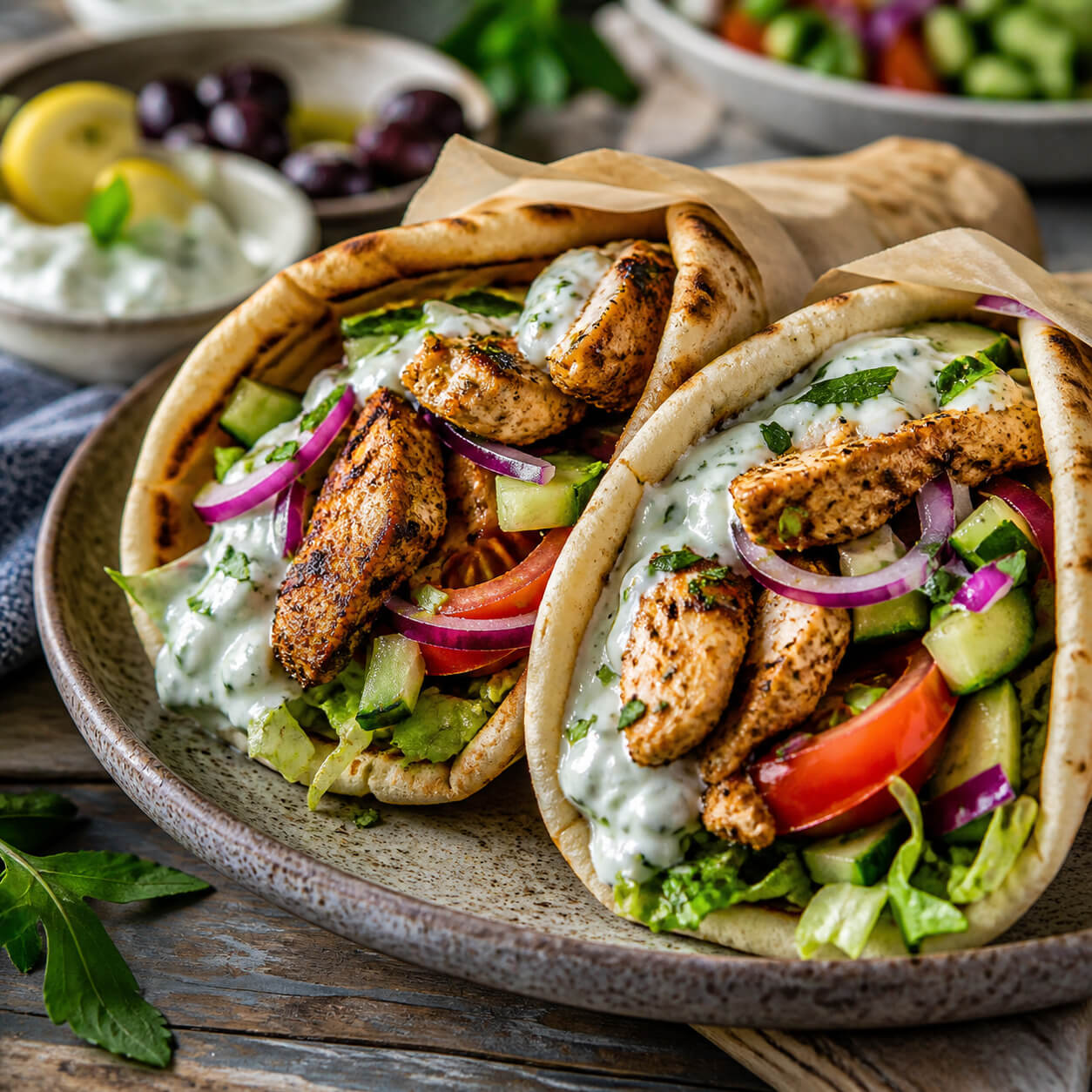 Easy air fryer chicken gyros with warm pita, grilled chicken, fresh vegetables, and tzatziki sauce