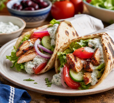 Easy grilled chicken gyros with warm pita, fresh vegetables, and tzatziki sauce