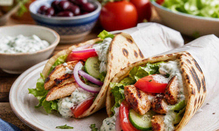 Easy grilled chicken gyros with warm pita, fresh vegetables, and tzatziki sauce