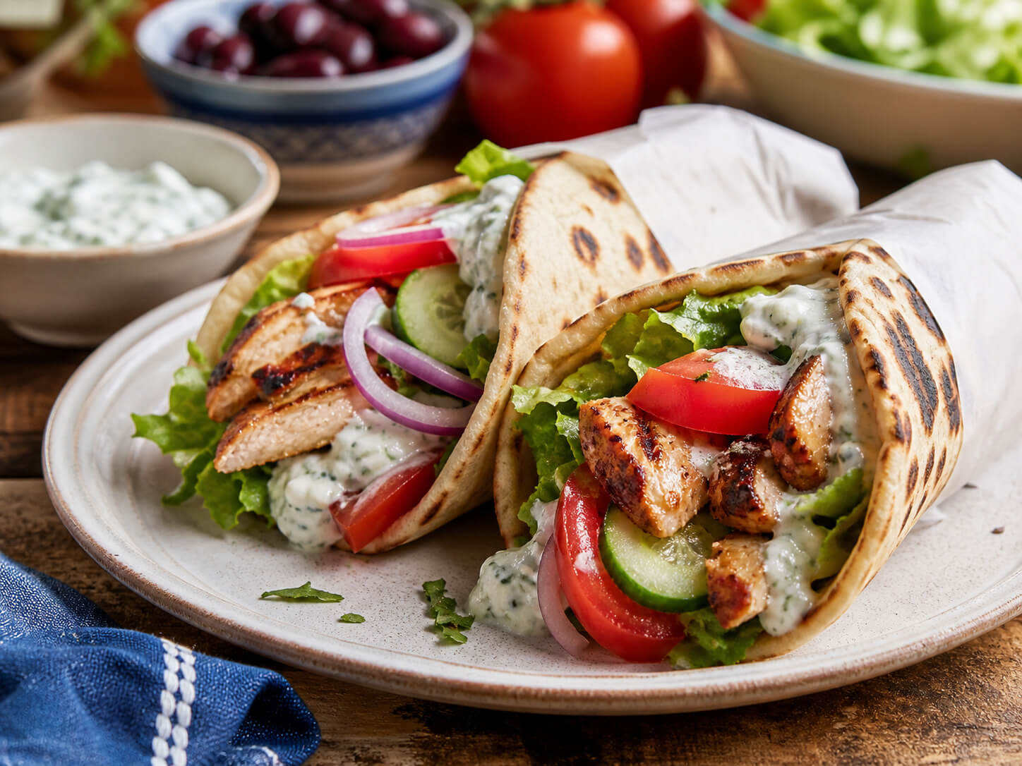 Easy grilled chicken gyros with warm pita, fresh vegetables, and tzatziki sauce