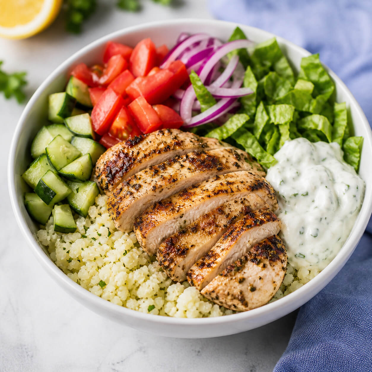 Easy low carb gyro bowl with keto gyro meat, cauliflower rice, cucumber, tomatoes, lettuce, and tzatziki sauce
