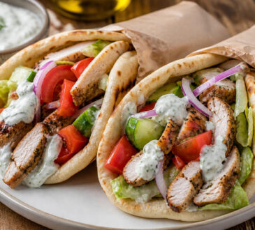 Easy oven baked chicken gyros with warm pita, Greek chicken, fresh vegetables, and tzatziki sauce