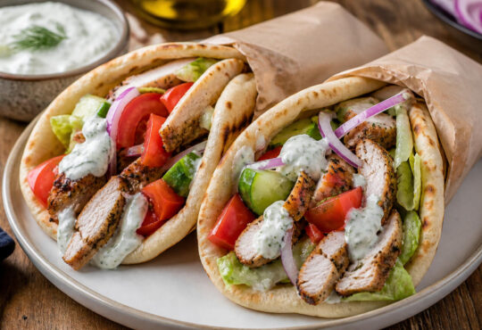 Easy oven baked chicken gyros with warm pita, Greek chicken, fresh vegetables, and tzatziki sauce