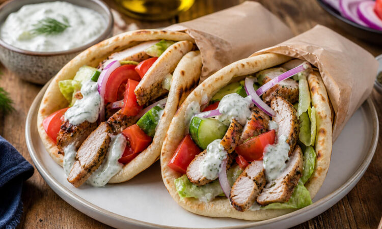 Easy oven baked chicken gyros with warm pita, Greek chicken, fresh vegetables, and tzatziki sauce