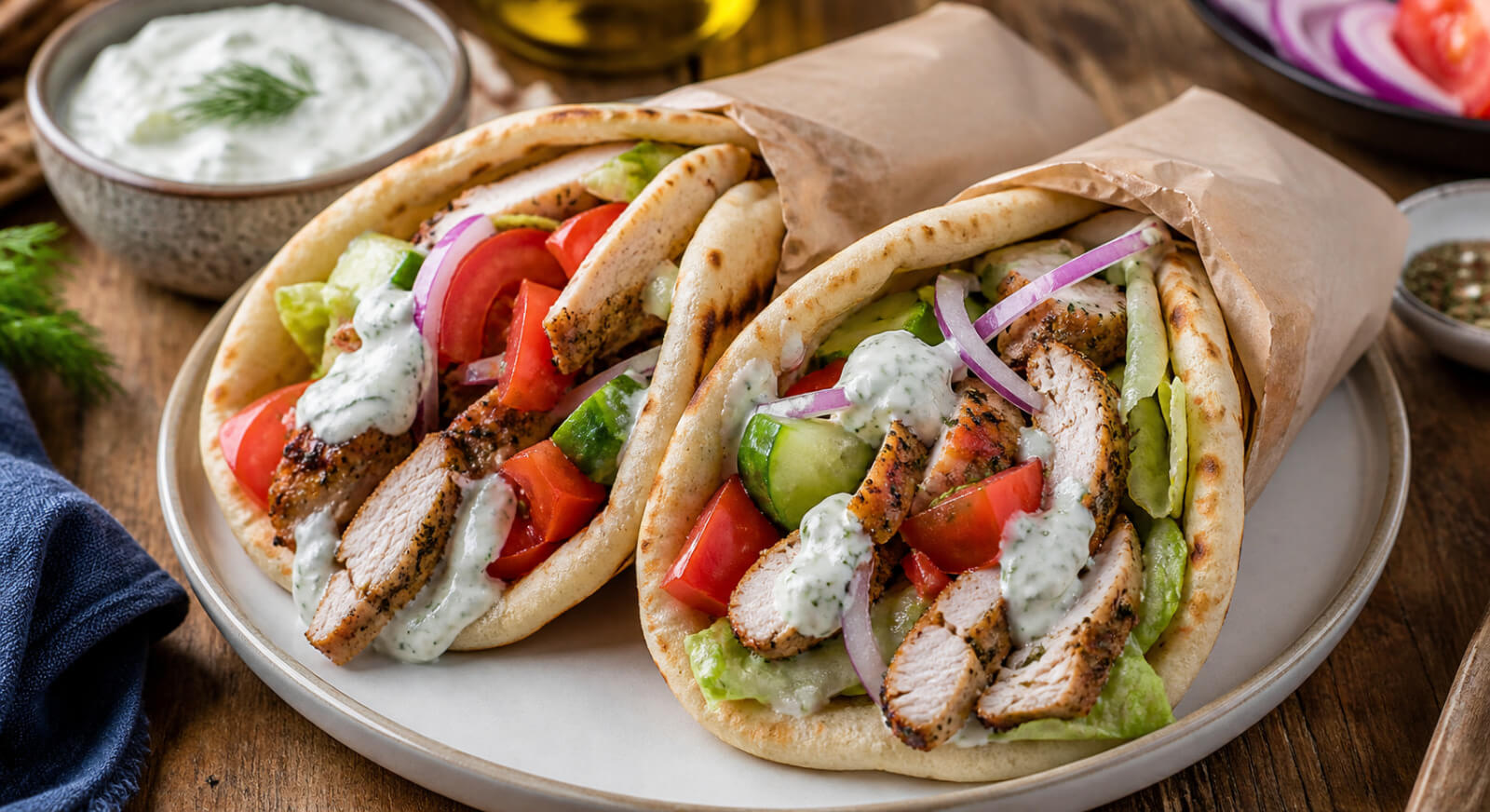 Easy oven baked chicken gyros with warm pita, Greek chicken, fresh vegetables, and tzatziki sauce