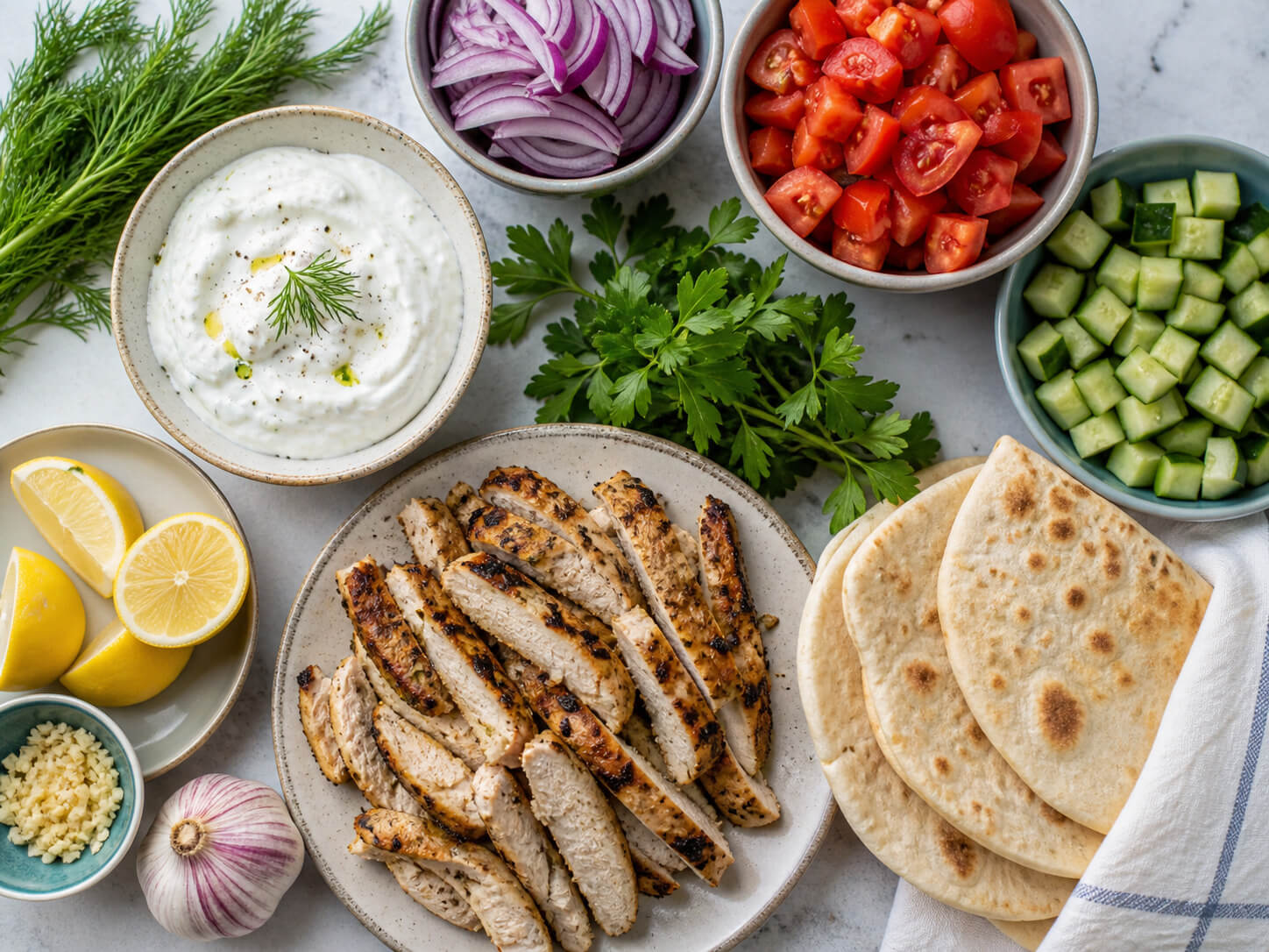 Grilled chicken gyro ingredients with chicken, pita bread, cucumber, tomato, red onion, Greek yogurt, lemon, garlic, and herbs