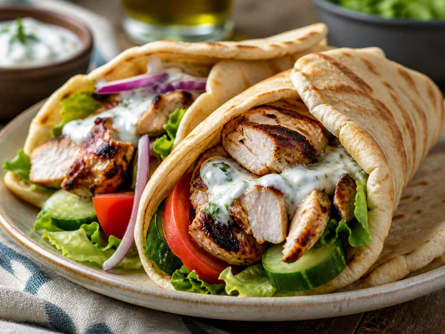 Grilled chicken gyros with tzatziki sauce, tomatoes, cucumber, red onion, lettuce, and warm pita bread