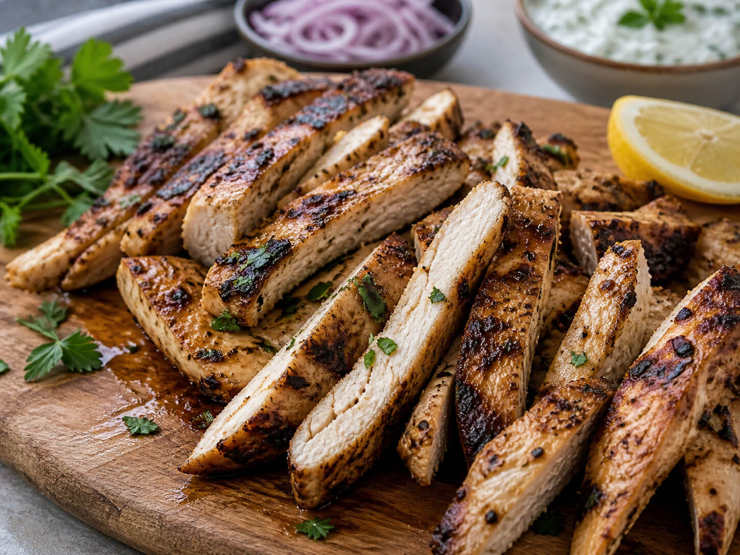 Grilled gyro chicken sliced on a cutting board for homemade chicken gyros