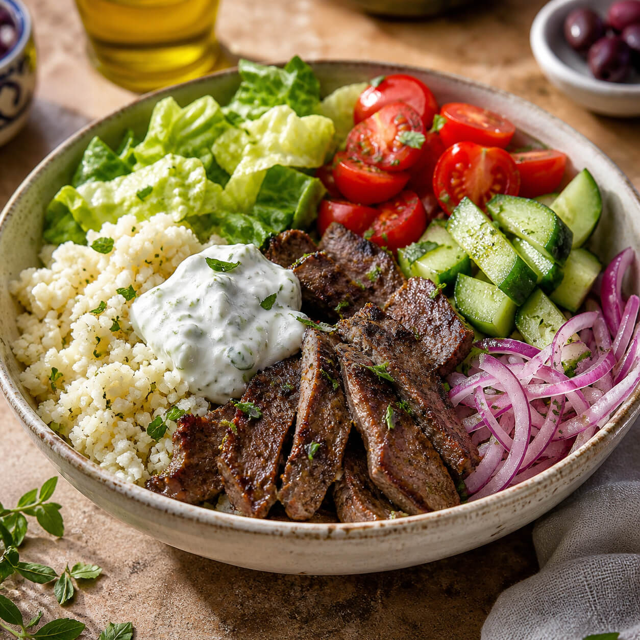 Keto chicken gyro bowl with grilled chicken, cauliflower rice, cucumber, tomato, lettuce, and tzatziki sauce