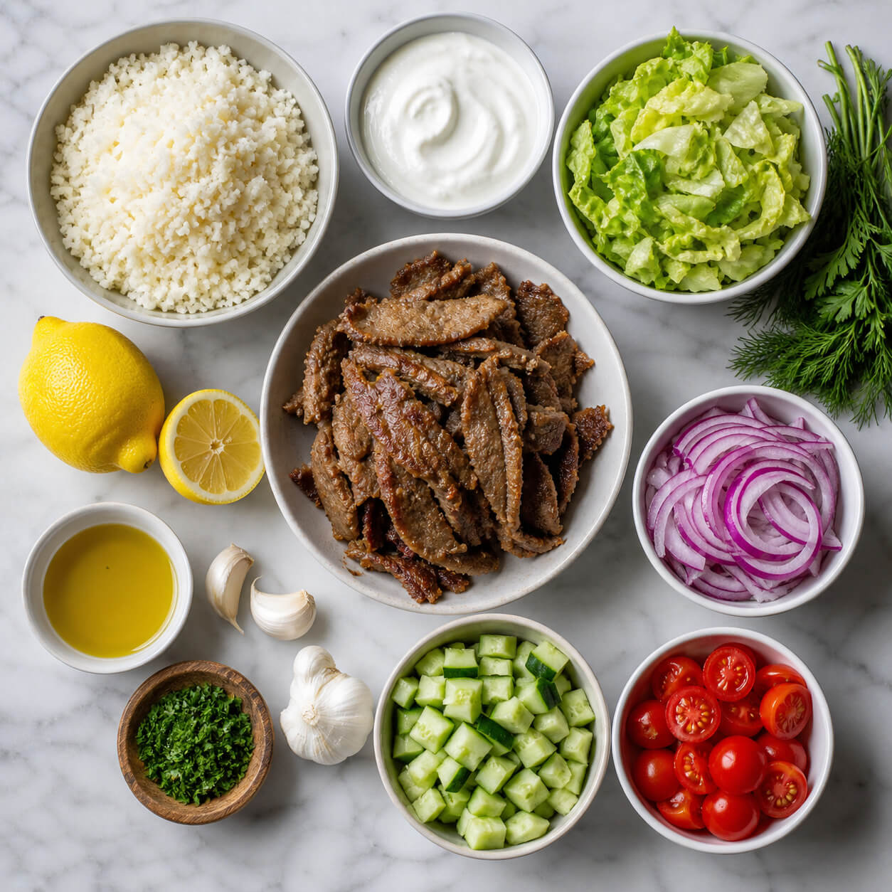 Low carb gyro bowl ingredients with cauliflower rice, gyro meat, cucumber, tomatoes, red onion, lettuce, Greek yogurt, lemon, garlic, and herbs