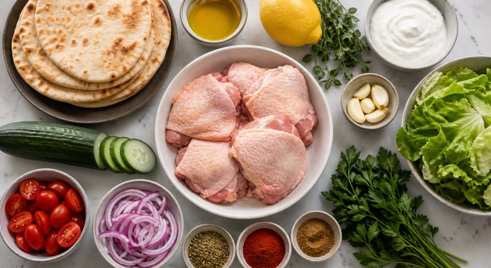 Oven baked chicken gyro ingredients with chicken, pita bread, cucumber, tomato, red onion, Greek yogurt, lemon, garlic, oregano, and herbs