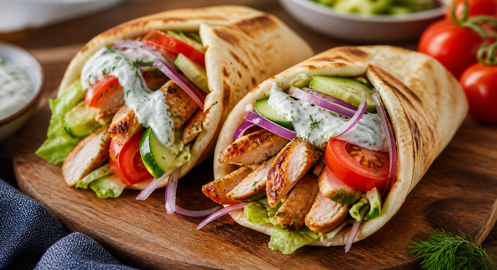 Oven roasted chicken gyros with pita bread, tzatziki sauce, tomatoes, cucumber, and red onion