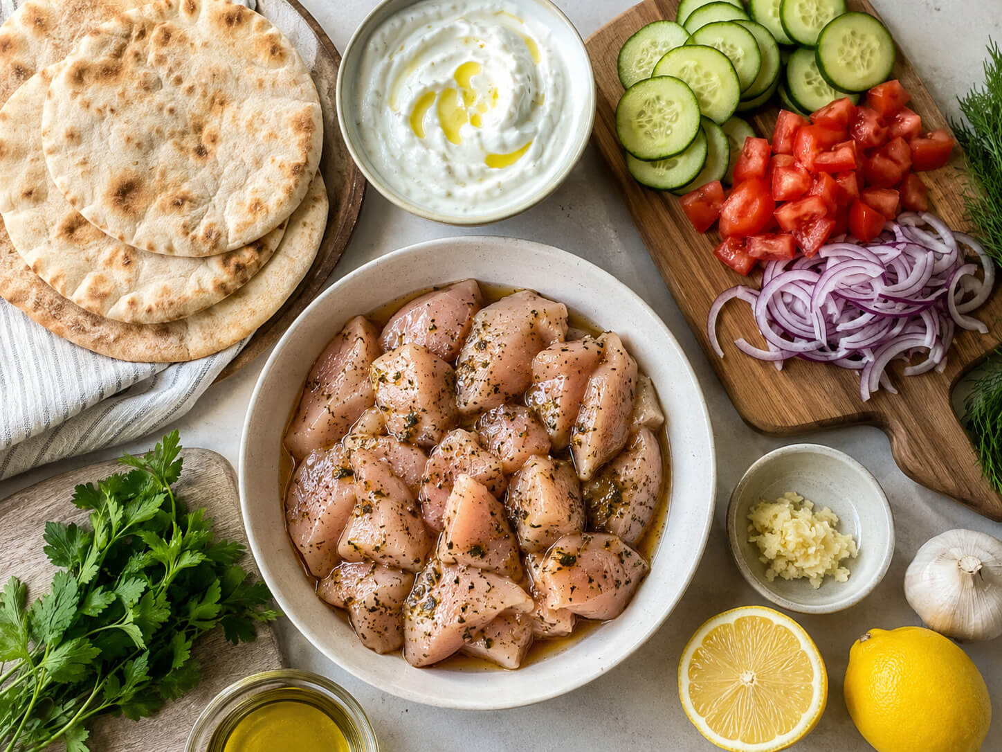 Quick gyro ingredients with pita bread, chicken, ground beef, cucumber, tomatoes, red onion, Greek yogurt, lemon, garlic, and herbs