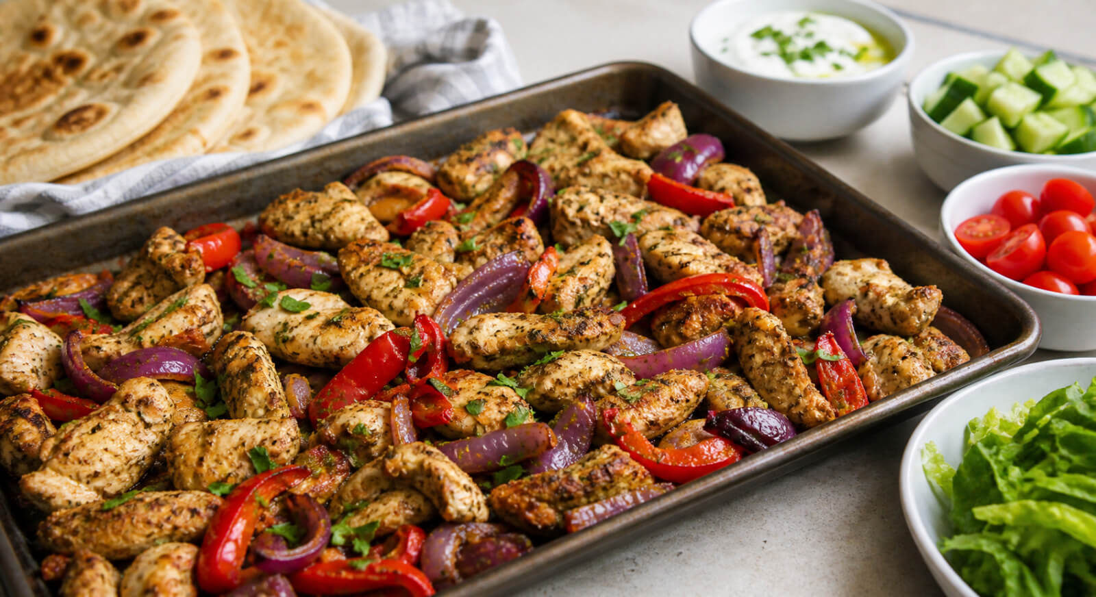 Sheet pan chicken gyros with oven roasted Greek chicken and fresh vegetables