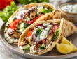 Chicken Souvlaki Gyros with grilled Greek chicken, warm pita, fresh vegetables, and tzatziki sauce
