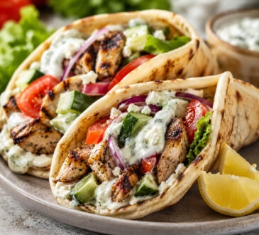 Chicken Souvlaki Gyros with grilled Greek chicken, warm pita, fresh vegetables, and tzatziki sauce