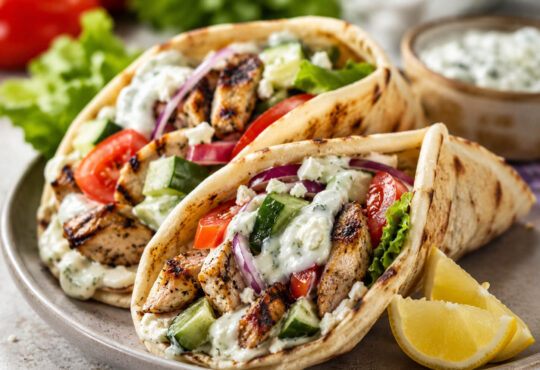 Chicken Souvlaki Gyros with grilled Greek chicken, warm pita, fresh vegetables, and tzatziki sauce