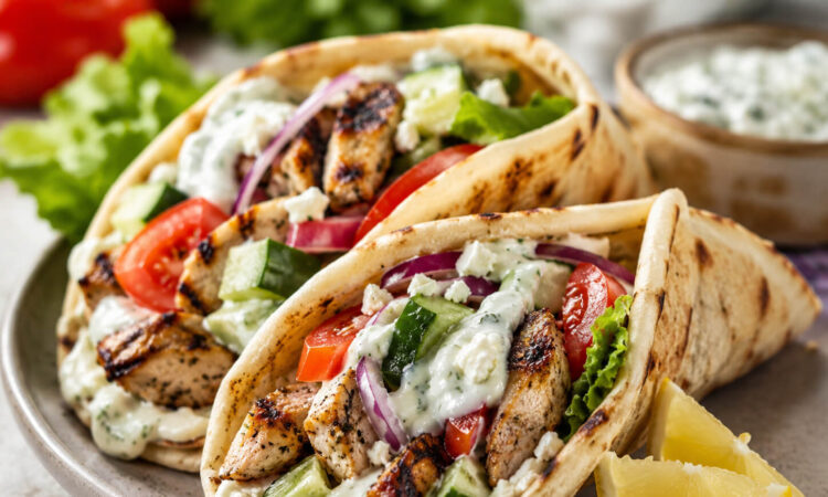 Chicken Souvlaki Gyros with grilled Greek chicken, warm pita, fresh vegetables, and tzatziki sauce