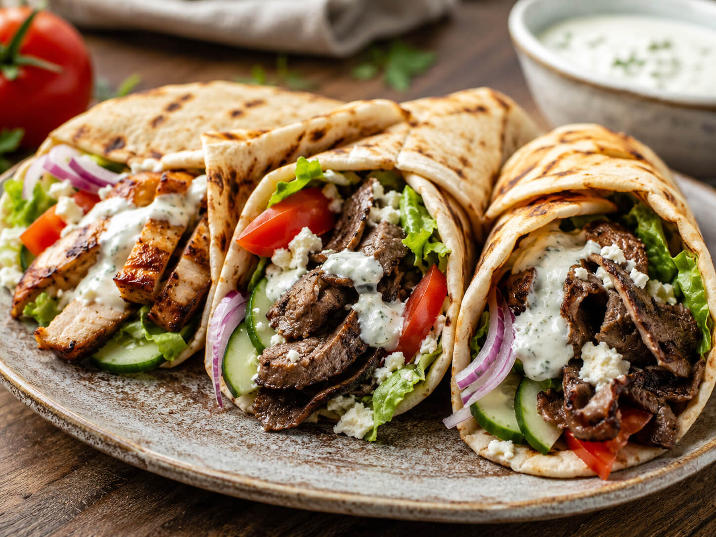 Gyro wrap recipes with chicken, beef, lamb, warm pita, fresh vegetables, and tzatziki sauce