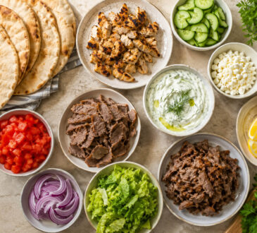Gyro wrap ingredients with pita bread, grilled chicken, beef, lamb, cucumber, tomato, red onion, lettuce, feta, and tzatziki sauce