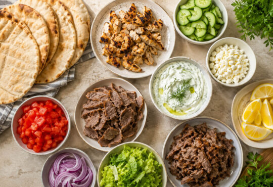 Gyro wrap ingredients with pita bread, grilled chicken, beef, lamb, cucumber, tomato, red onion, lettuce, feta, and tzatziki sauce
