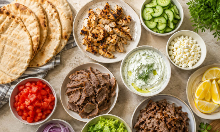 Gyro wrap ingredients with pita bread, grilled chicken, beef, lamb, cucumber, tomato, red onion, lettuce, feta, and tzatziki sauce