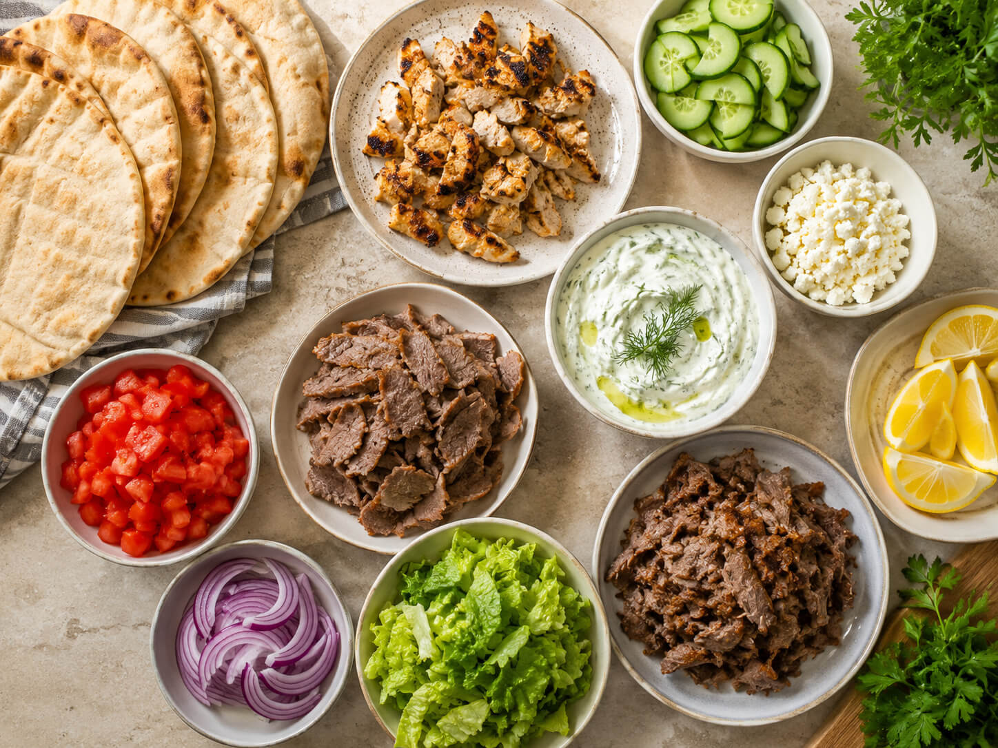 Gyro wrap ingredients with pita bread, grilled chicken, beef, lamb, cucumber, tomato, red onion, lettuce, feta, and tzatziki sauce