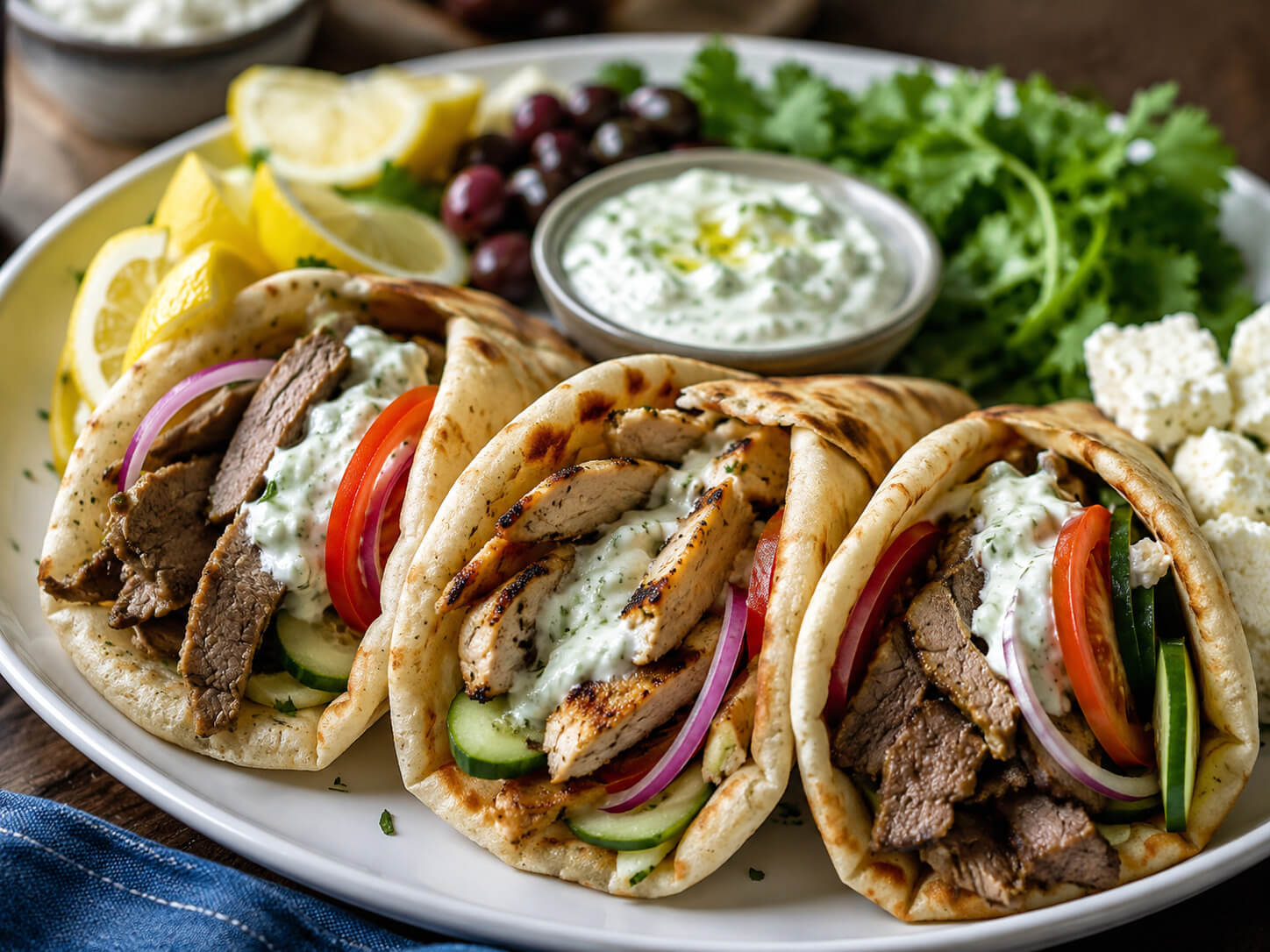 Homemade gyro wrap platter with sliced wraps, tzatziki sauce, pita bread, vegetables, and lemon wedges