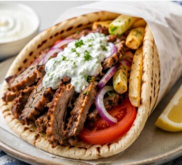 Authentic Greek gyros recipe with seasoned meat, warm pita, tomatoes, onions, fries, and tzatziki sauce