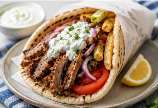 Authentic Greek gyros recipe with seasoned meat, warm pita, tomatoes, onions, fries, and tzatziki sauce