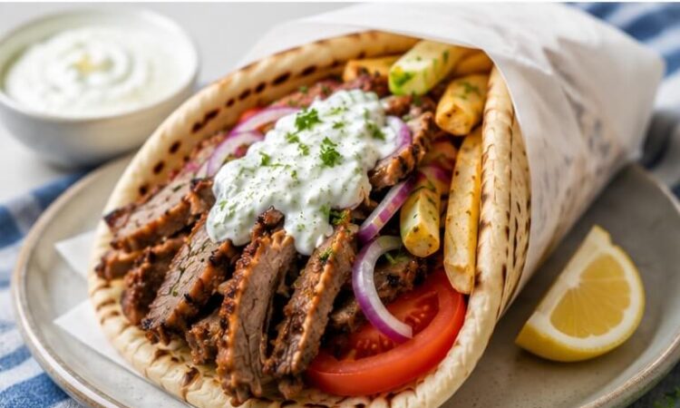 Authentic Greek gyros recipe with seasoned meat, warm pita, tomatoes, onions, fries, and tzatziki sauce