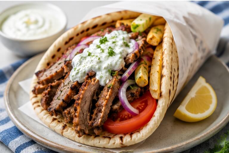 Authentic Greek gyros recipe with seasoned meat, warm pita, tomatoes, onions, fries, and tzatziki sauce
