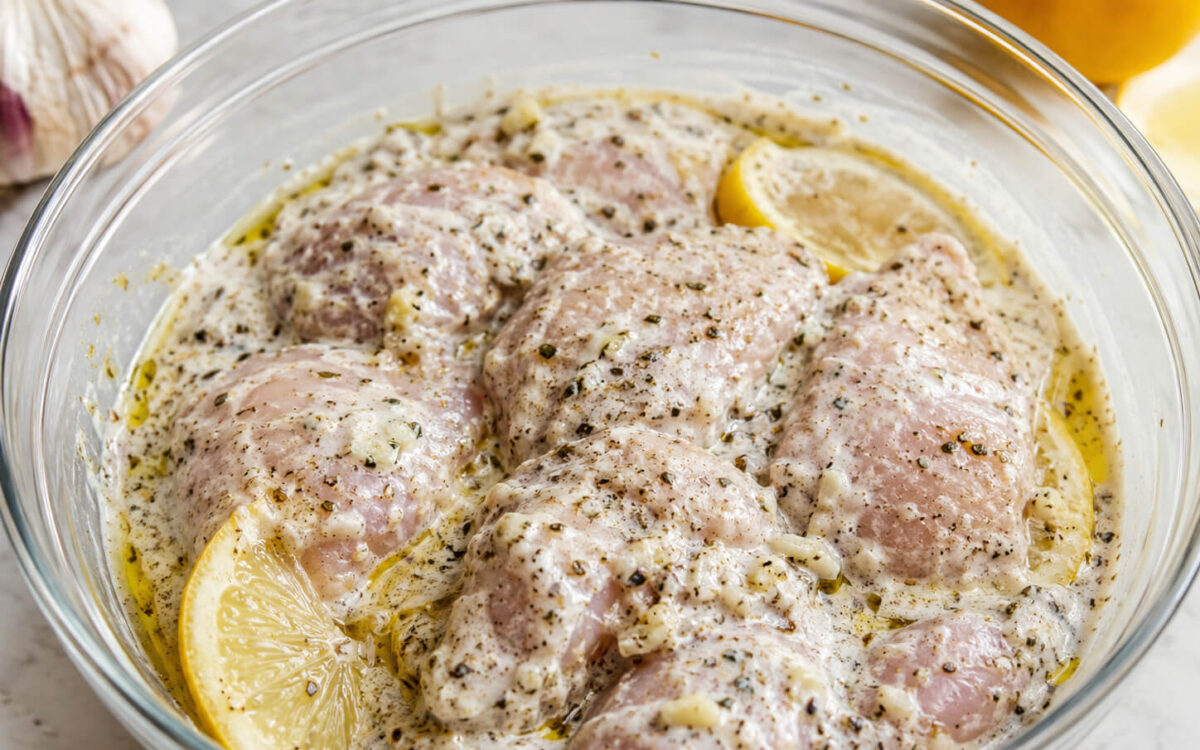 Chicken gyro marinade with Greek yogurt, lemon, garlic, oregano, olive oil, and spices