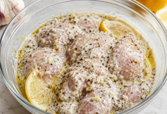 Chicken gyro marinade with Greek yogurt, lemon, garlic, oregano, olive oil, and spices
