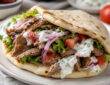 Pita for gyros with soft Greek flatbread, sliced gyro meat, tomatoes, onions, lettuce, and tzatziki sauce