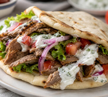 Pita for gyros with soft Greek flatbread, sliced gyro meat, tomatoes, onions, lettuce, and tzatziki sauce