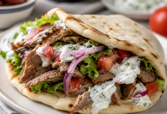 Pita for gyros with soft Greek flatbread, sliced gyro meat, tomatoes, onions, lettuce, and tzatziki sauce