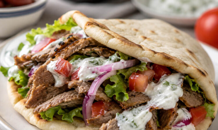 Pita for gyros with soft Greek flatbread, sliced gyro meat, tomatoes, onions, lettuce, and tzatziki sauce