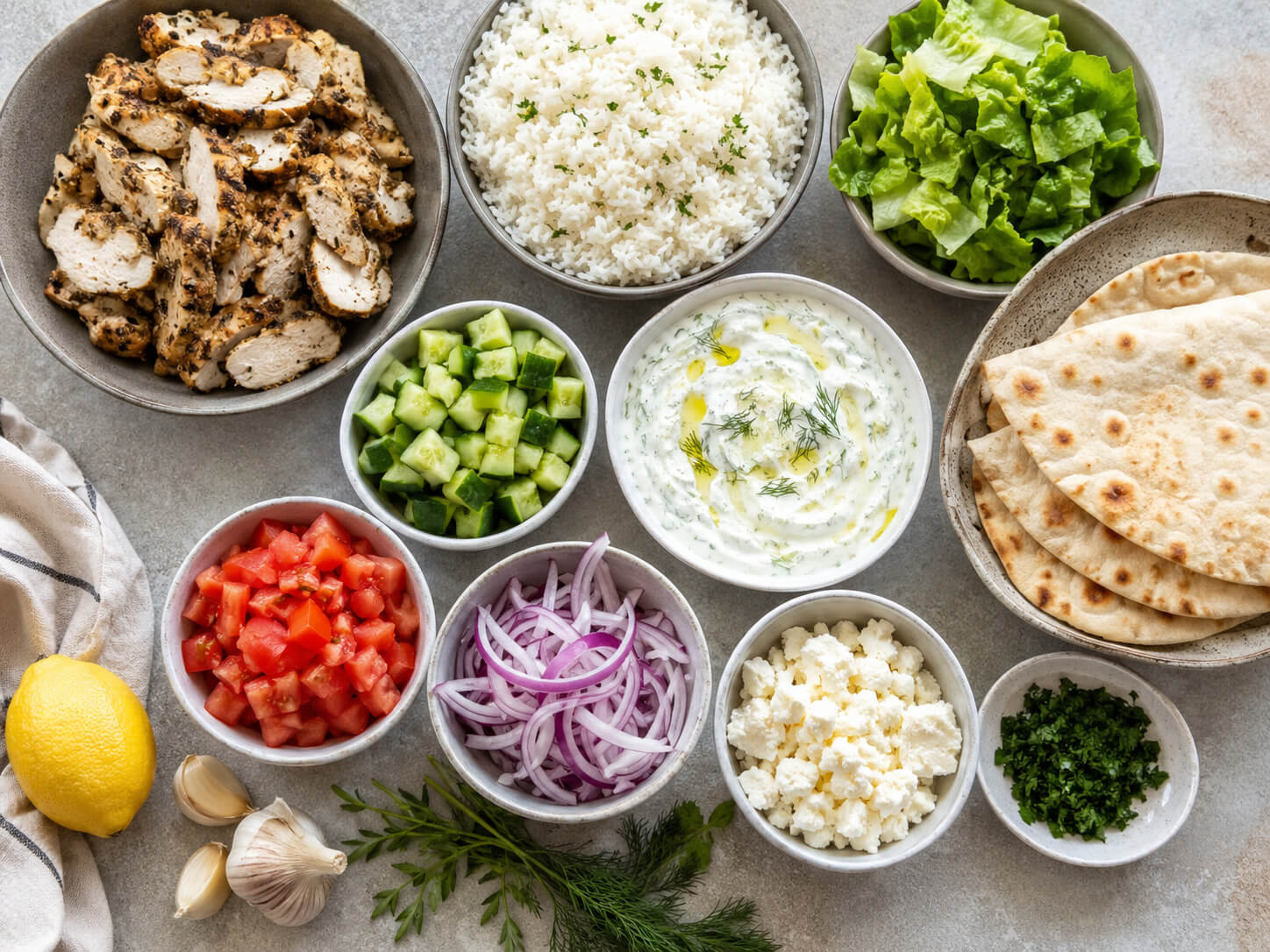 Chicken gyro meal prep ingredients with chicken, rice, cucumber, tomatoes, red onion, lettuce, feta, pita, lemon, garlic, and tzatziki sauce