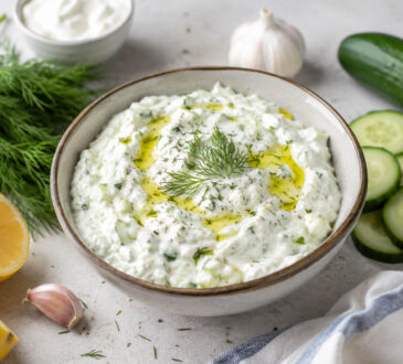 Tzatziki sauce recipe with Greek yogurt, cucumber, garlic, lemon, dill, and olive oil