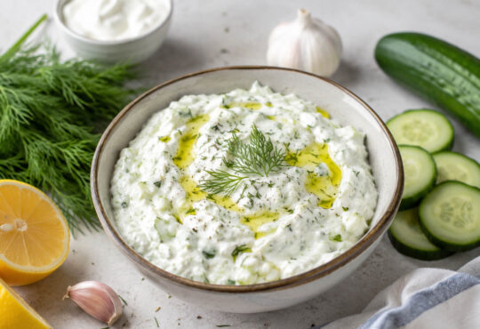 Tzatziki sauce recipe with Greek yogurt, cucumber, garlic, lemon, dill, and olive oil