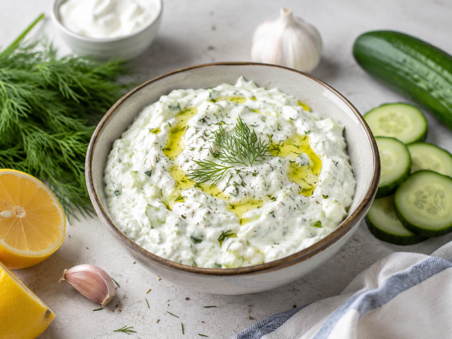 Tzatziki sauce recipe with Greek yogurt, cucumber, garlic, lemon, dill, and olive oil
