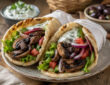 Vegetarian gyro recipe with portobello mushrooms, warm pita, lettuce, tomato, cucumber, red onion, and tzatziki sauce