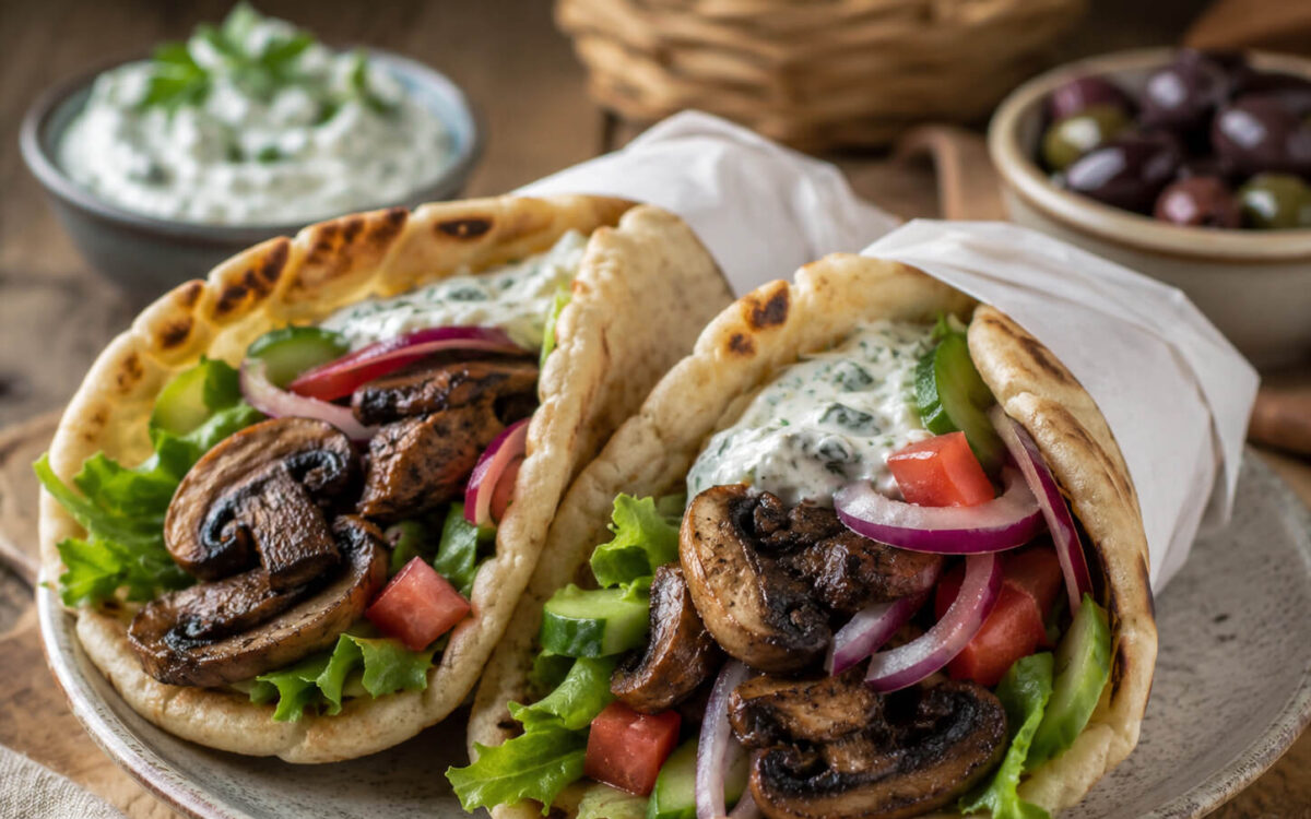 Vegetarian gyro recipe with portobello mushrooms, warm pita, lettuce, tomato, cucumber, red onion, and tzatziki sauce