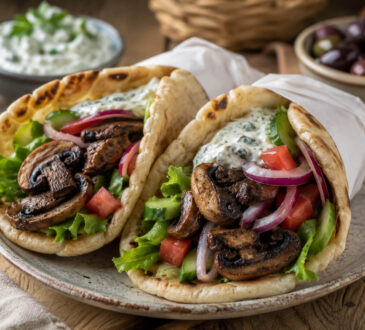 Vegetarian gyro recipe with portobello mushrooms, warm pita, lettuce, tomato, cucumber, red onion, and tzatziki sauce