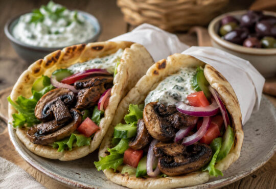 Vegetarian gyro recipe with portobello mushrooms, warm pita, lettuce, tomato, cucumber, red onion, and tzatziki sauce