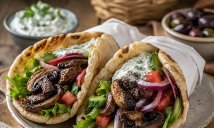 Vegetarian gyro recipe with portobello mushrooms, warm pita, lettuce, tomato, cucumber, red onion, and tzatziki sauce
