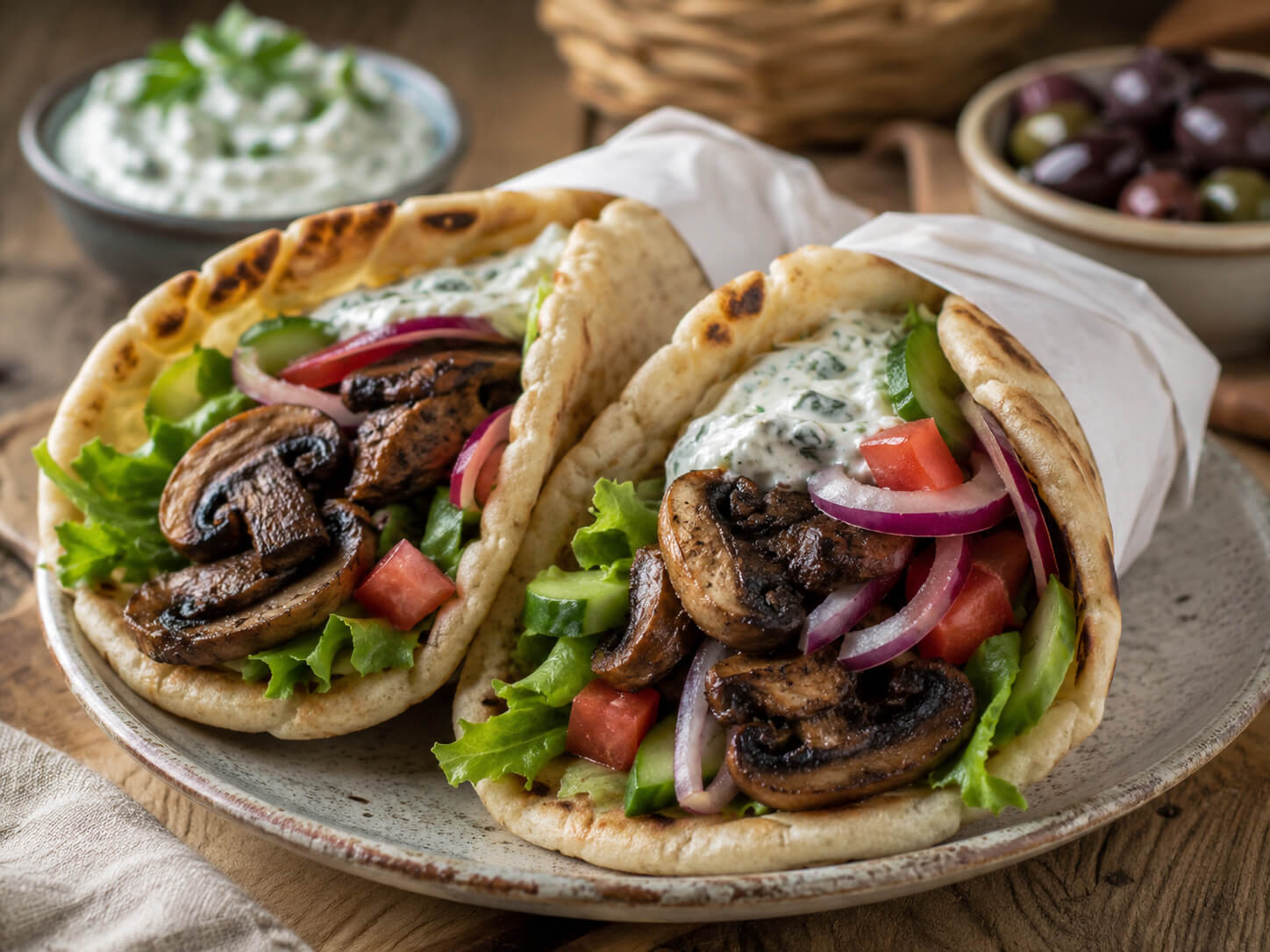 Vegetarian gyro recipe with portobello mushrooms, warm pita, lettuce, tomato, cucumber, red onion, and tzatziki sauce
