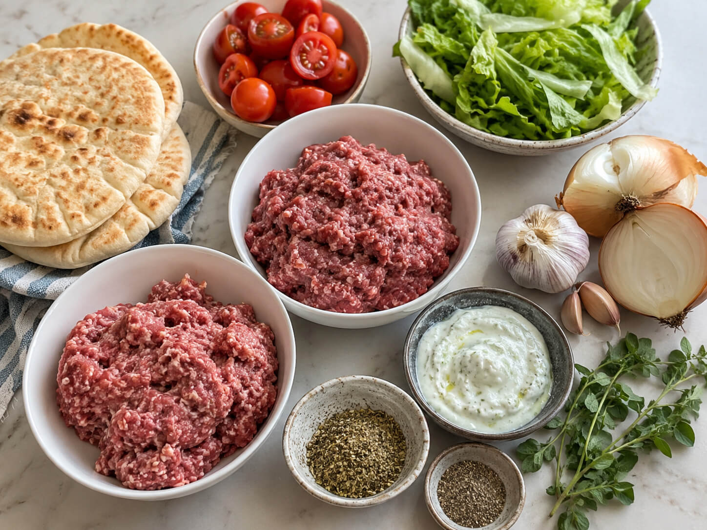 Greek-American gyro meat ingredients with ground beef, ground lamb, onion, garlic, oregano, pita bread, tomatoes, lettuce, and yogurt sauce