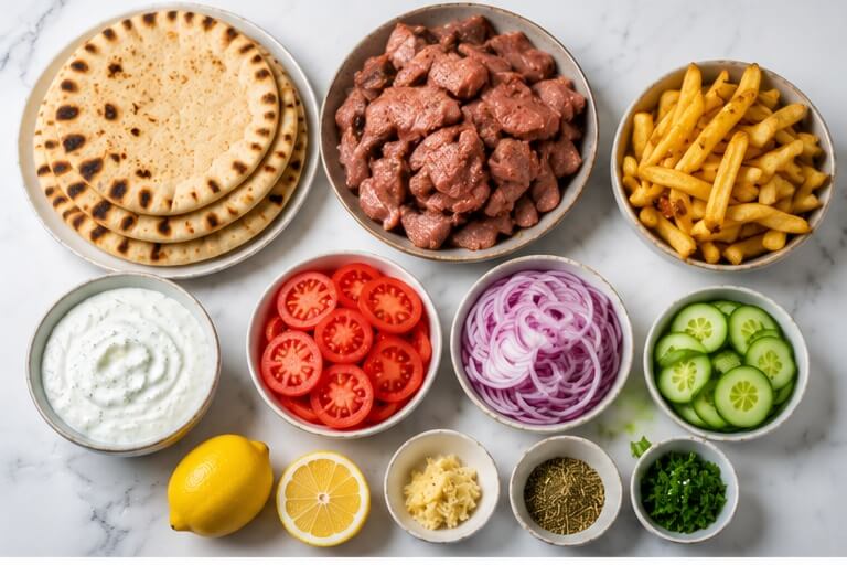 Greek gyro ingredients with pita bread, seasoned meat, tomatoes, red onion, fries, cucumber, Greek yogurt, lemon, garlic, and herbs